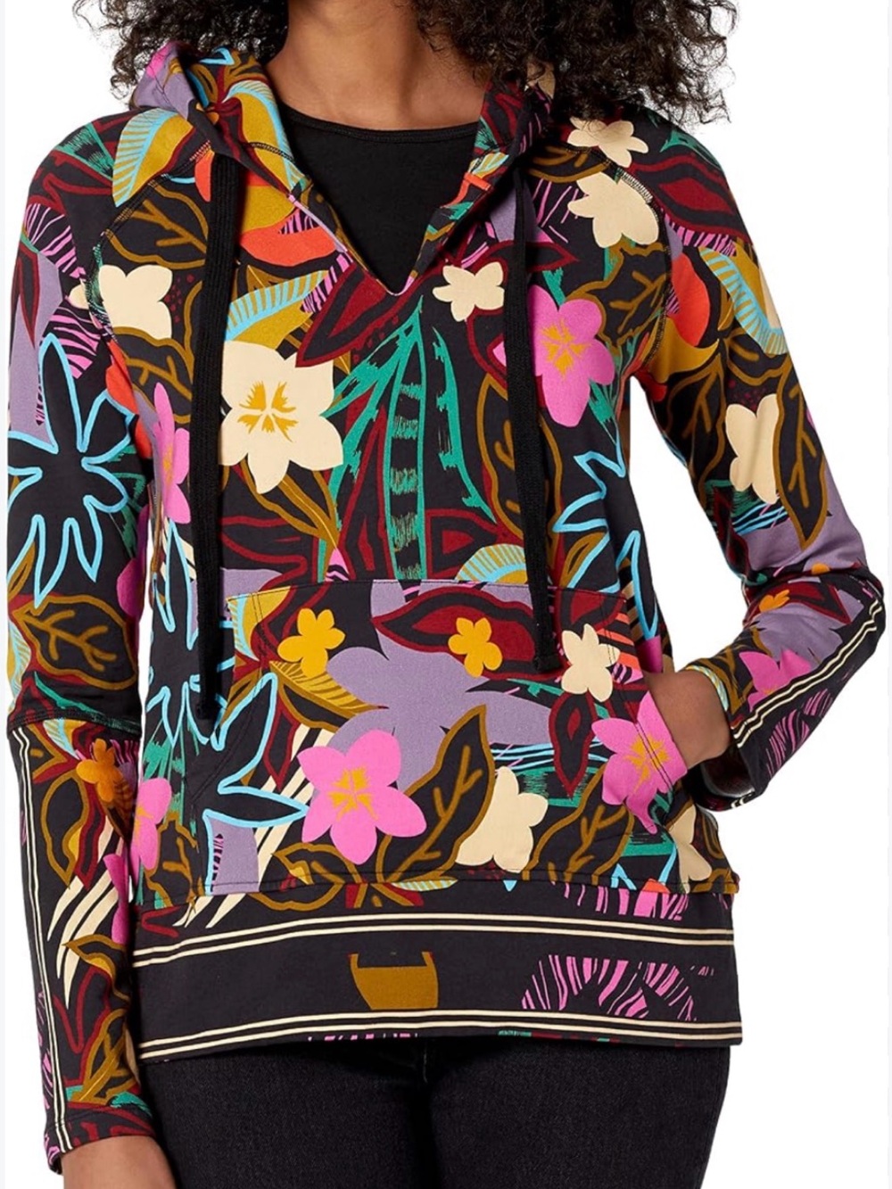 Johnny Was Wild Pullover Hoodie Sweatshirt Cotton Floral Black Multicolor Size M